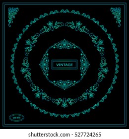 Vector set of calligraphic frames. Vintage ornamental frames and template for logo or monogram. Suitable for wedding invitation, cards. Wave flowers, pear and roses. Blue-green watercolor style 