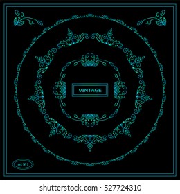 Vector set of calligraphic frames. Vintage ornamental frames and template for logo or monogram. Suitable for wedding invitation, cards. Wave flowers, pear and roses. Blue-green watercolor style 