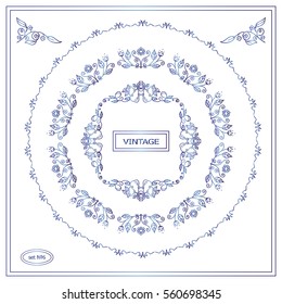 Vector set of calligraphic frames. Vintage ornamental frames and template for logo or monogram. Suitable for wedding invitation, cards. Wave flowers, pear and roses. Blue watercolor style