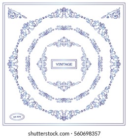 Vector set of calligraphic frames. Vintage ornamental frames and template for logo or monogram. Suitable for wedding invitation, cards. Wave flowers, pear and roses. Blue watercolor style