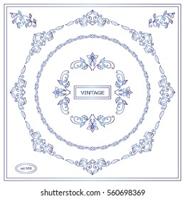 Vector set of calligraphic frames. Vintage ornamental frames and template for logo or monogram. Suitable for wedding invitation, cards. Wave flowers, pear and roses. Blue watercolor style
