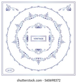 Vector set of calligraphic frames. Vintage ornamental frames and template for logo or monogram. Suitable for wedding invitation, cards. Wave flowers, pear and roses. Blue watercolor style
