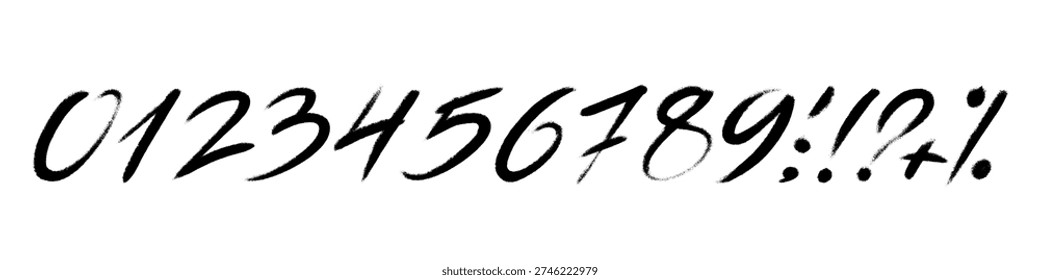 Vector set of calligraphic hand written ink numbers and signs. Design elements, brush lettering. One color graphic resources.