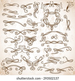 Vector set of calligraphic hand-drawn florals and flourishes and frames. Vintage stylized design elements. Can be used for fabrics, wallpapers, ornamental template for design and decoration, etc