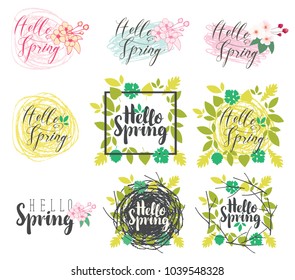 Vector set of calligraphic and handwritten inscriptions Hello Spring with leaves, flowers, Doodles and nests