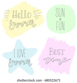 
Vector set of calligraphic inscriptions about summer on a background of yellow, green, blue and pink. Illustration in the style of a hipster