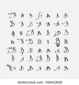 Vector set of calligraphic letters B, handwritten with pointed nib, decorated with flourishes and decorative elements. Isolated on grey black imperfect letters sequence. Various shapes collection