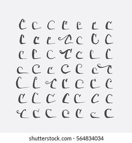 Vector set of calligraphic letters C, handwritten with pointed nib, decorated with flourishes and decorative elements. Isolated on grey black imperfect letters sequence. Various shapes collection.