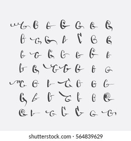 Vector set of calligraphic letters G, handwritten with pointed nib, decorated with flourishes and decorative elements. Isolated on grey black imperfect letters sequence. Various shapes collection.
