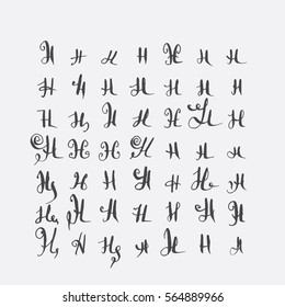 Vector set of calligraphic letters H, handwritten with pointed nib, decorated with flourishes and decorative elements. Isolated on grey black imperfect letters sequence. Various shapes collection.