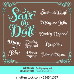 Vector set of calligraphic letters for invitation cards with ornamental elements. Wedding typography collection