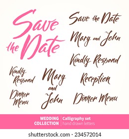 Vector set of calligraphic letters for invitation cards. Wedding typography collection