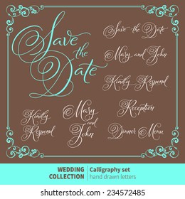 Vector set of calligraphic letters for invitation cards with ornamental elements. Wedding typography collection