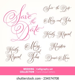 Vector set of calligraphic letters for invitation cards. Wedding typography collection