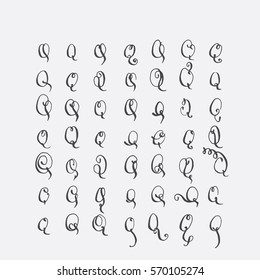 Vector set of calligraphic letters Q, handwritten with pointed nib, decorated with flourishes and decorative elements. Isolated on grey black imperfect letters sequence. Various shapes collection.