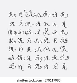Vector set of calligraphic letters R, handwritten with pointed nib, decorated with flourishes and decorative elements. Isolated on grey black imperfect letters sequence. Various shapes collection.