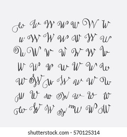 Vector set of calligraphic letters W, handwritten with pointed nib, decorated with flourishes and decorative elements. Isolated on grey black imperfect letters sequence. Various shapes collection.