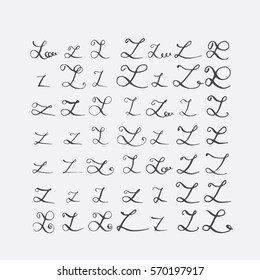 Vector set of calligraphic letters Z, handwritten with pointed nib, decorated with flourishes and decorative elements. Isolated on grey black imperfect letters sequence. Various shapes collection.