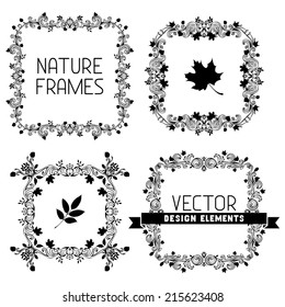 Vector set of calligraphic nature frames. Antique and baroque frames with leaves. Black and white design.