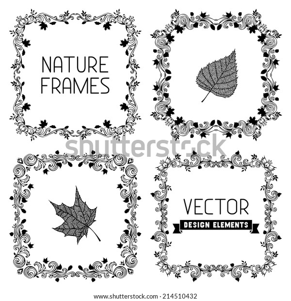 Vector set of\
calligraphic nature frames with leaves. Antique and baroque frames.\
Black and white design.