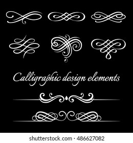 Vector set of calligraphic and page decoration design elements. Elegant collection of hand drawn swirls and curls for your design. Isolated on chalkboard background.