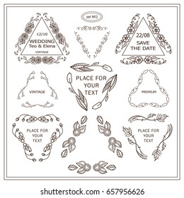 Vector set of calligraphic signs and symbols. Triangle frames, template for logo, monogram, wedding or more elements in ornate vintage style. Wild flowers and waves design