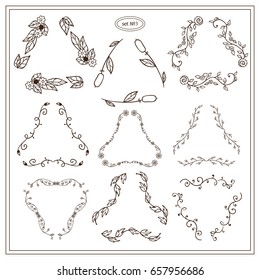 Vector set of calligraphic signs and symbols. Triangle frames, template for logo, monogram, wedding or more elements in ornate vintage style. Wild flowers and waves design