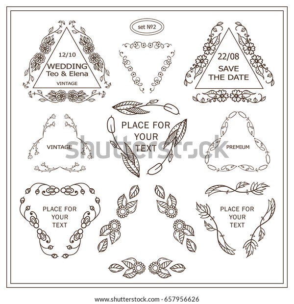 Vector set of\
calligraphic signs and symbols. Triangle frames, template for logo,\
monogram, wedding or more elements in ornate vintage style. Wild\
flowers and waves\
design