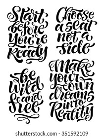 Conjunto vectorial de texto caligráfico con elementos ornamentales para carteles o postales. Motivación y citas inspiradoras.Colección de tipografía y caligrafía