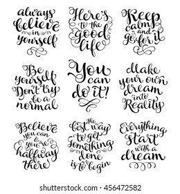 Vector set of calligraphic text with ornamental elements for lettering poster or postcard. Motivation and inspiration quotes.Typography and calligraphy collection