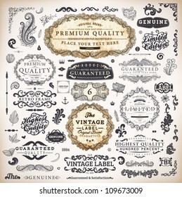 vector set: calligraphic vintage design elements collection and page decorations, Premium Quality, Genuine and Satisfaction, Guaranteed Labels with engraving flowers for retro design