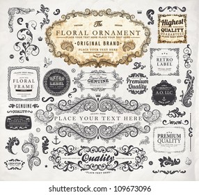 vector set: calligraphic vintage design elements collection and page decorations, Premium Quality, Genuine and Satisfaction, Guaranteed Labels with engraving flowers and detailed classical frames