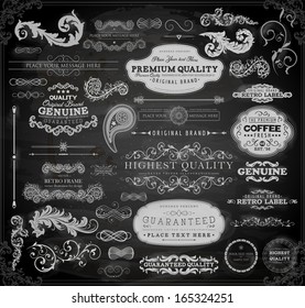 Vector set of calligraphic vintage elements: page decoration, Premium Quality and Satisfaction Guarantee Label, antique and baroque frames | Chalkboard background. Black design variant. Chalk style.