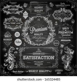 Vector set of calligraphic vintage elements: page decoration, Premium Quality and Satisfaction Guarantee Label, antique and baroque frames | Chalkboard background. Black design variant. Chalk style.