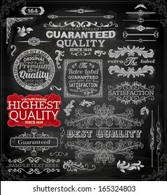 Vector set of calligraphic vintage elements: page decoration, Premium Quality and Satisfaction Guarantee Label, antique and baroque frames | Chalkboard background. Black design variant. Chalk style.