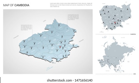 Vector set of Cambodia country.  Isometric 3d map, Cambodia map, Asia map - with region, state names and city names. 