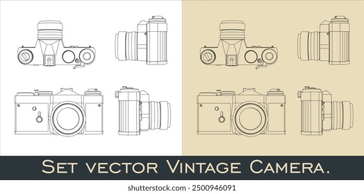 vector Set camera analog retro classic. Vector line drawing from all view top corner side back isolated in transparent background
