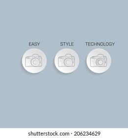 Vector set of camera icons in circles. Digital camera for photographers that is easy to use, have a good style, high technological. Taking photos, snapshots.