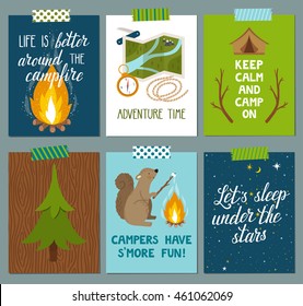 Vector set of camping cards. Beautiful hand drawn posters with bonfire, fir tree, squirrel and hand written text. Natural backgrounds.