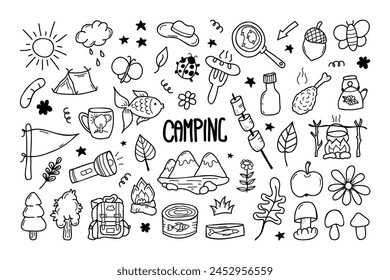 Vector set of camping in doodle style.  Hand-drawn travel elements. Stock isolated image on a white background.Cute doodle style icons.