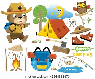 Vector set of camping element cartoon with cute bear in scout costume, funny owl on tree branch