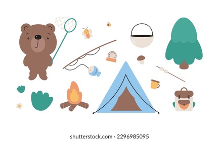 Vector set of camping elements and cute bear. Colorful illustration in flat cartoon style.