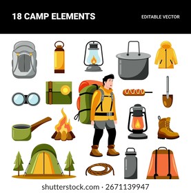 Vetor conjunto de elementos de acampamento ilustração, incluindo tendas mochilas da fogueira e equipamentos ao ar livre para projetos de aventura e viagem