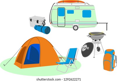 Vector set of camping elements. Summer background with camping equipment. 