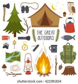 Vector Set Of Camping Elements. Summer Background With Camping Equipment.