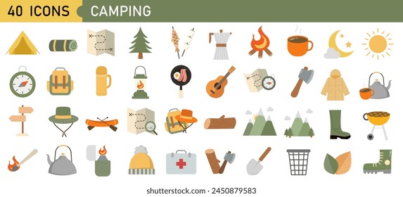 Vector conjunto de símbolos de equipo de camping, iconos y Elementos. Colección de senderismo de verano.