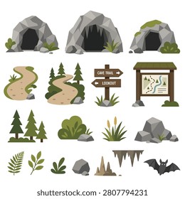 Vector set of camping gear and outdoor activity symbols including tents and compass