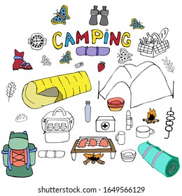 Vector set of camping and Hiking elements isolated on a white background. Cute background full of colored icons. Cute vector illustration in Doodle style