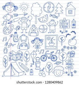 Vector set of camping, hiking icons for little children. School and kindergarten kids vacation.