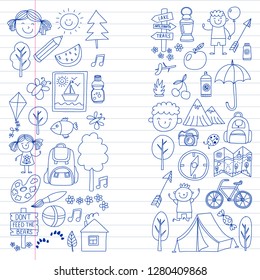 Vector set of camping, hiking icons for little children. School and kindergarten kids vacation.